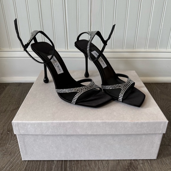 JIMMY CHOO Women's Ixia Embellished High Heel Sandals Rhinestone Black - Picture 6 of 14